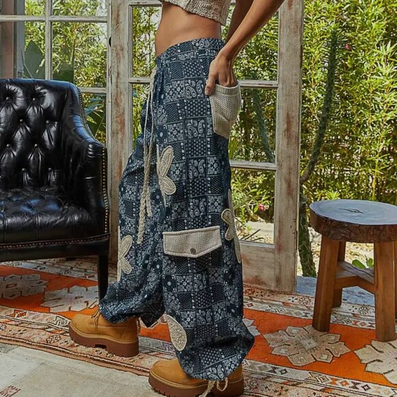 POL Starweave Patchwork Joggers Crochet Star Detail Boho Pants Size Various - Picture 5 of 9